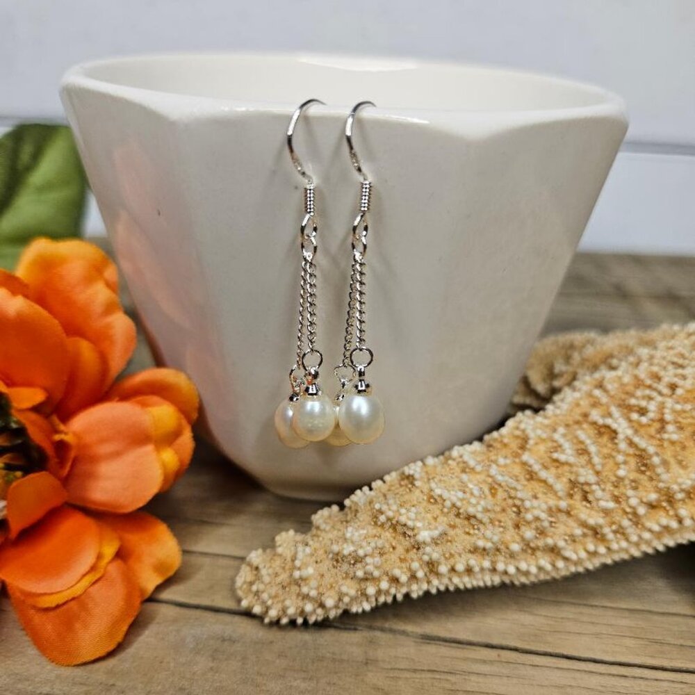 Sterling Silver 7-8mm White Freshwater Pearl Dangle Earrings